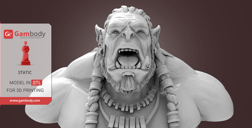 A detailed 3D printed bust of a roaring orc-like creature with braided hair and tusks.