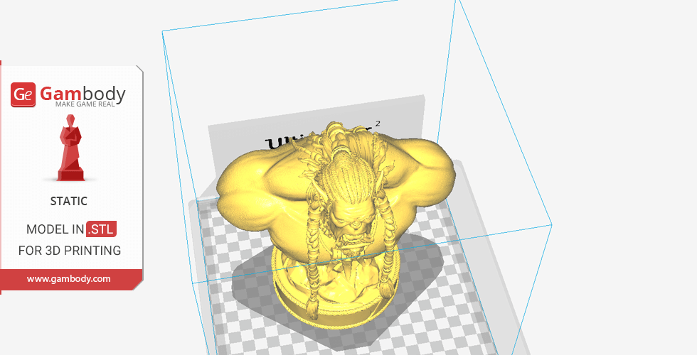 Yellow 3D model of Durotan bust with braided hair in a virtual 3D printing space.