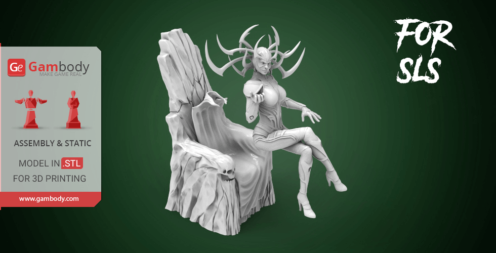 A detailed 3D model of Hela sitting on a throne with an elaborate headdress.