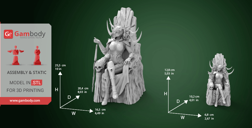A detailed 3D model of a horned figure seated on a throne, designed for 3D printing, with dimensions labeled.