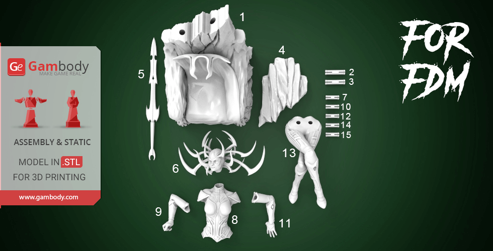 3D print model parts of Hela on a throne, including throne, armor, helmet, and limbs, displayed for assembly.