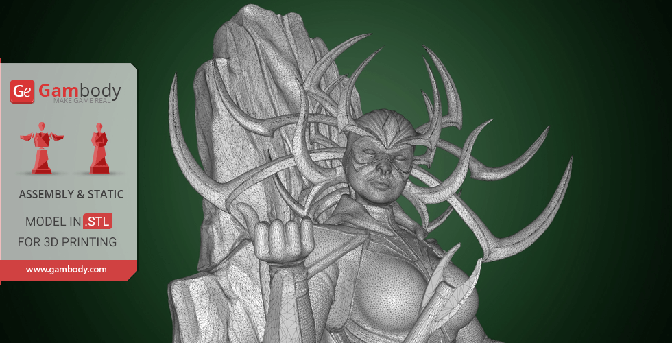 A 3D model of a regal figure with an elaborate horned headdress, seated on a throne, designed for 3D printing.