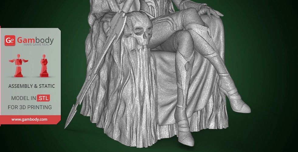 A detailed 3D model of a seated figure in armor with a textured cloak, featuring a skull and spear.