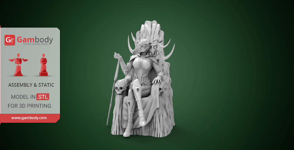 A regal figure with a horned helmet seated on a throne, holding a staff, with skull detail.