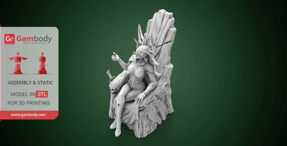A detailed 3D model of a horned figure seated on a throne, designed for 3D printing.