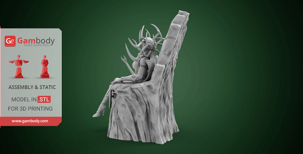 A figure with horned headdress sits on a throne, ready for 3D printing.