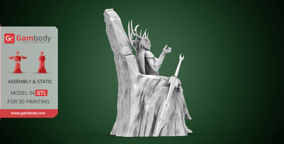 A detailed 3D model of a crowned figure sitting on a throne, designed for 3D printing.