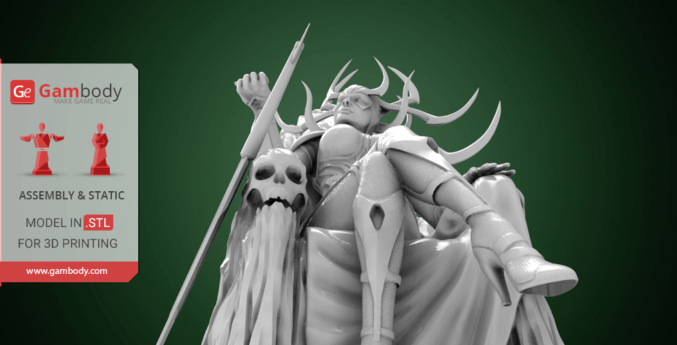 A 3D model of Hela seated on a throne with a staff and spiked helmet, ready for 3D printing.