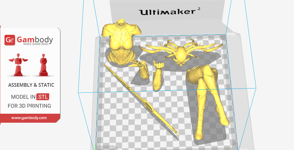 Disassembled 3D print model of a character in armor with spear, ready for assembly.