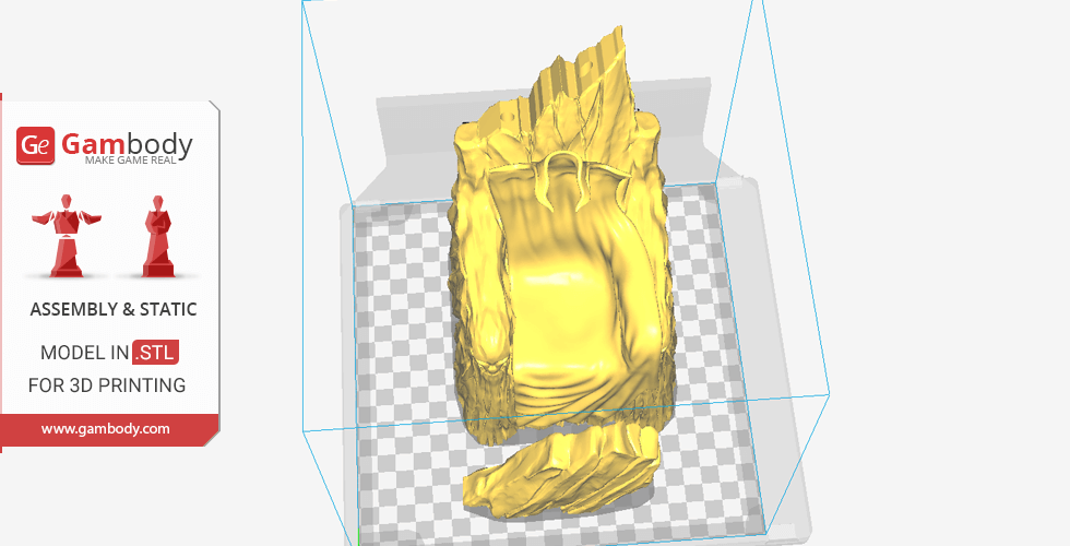 Golden 3D model of an ornate throne for printing, shown in a digital preview box.
