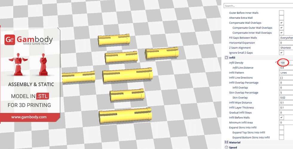 3D model software interface showing yellow cylindrical components arranged on a checkered grid.