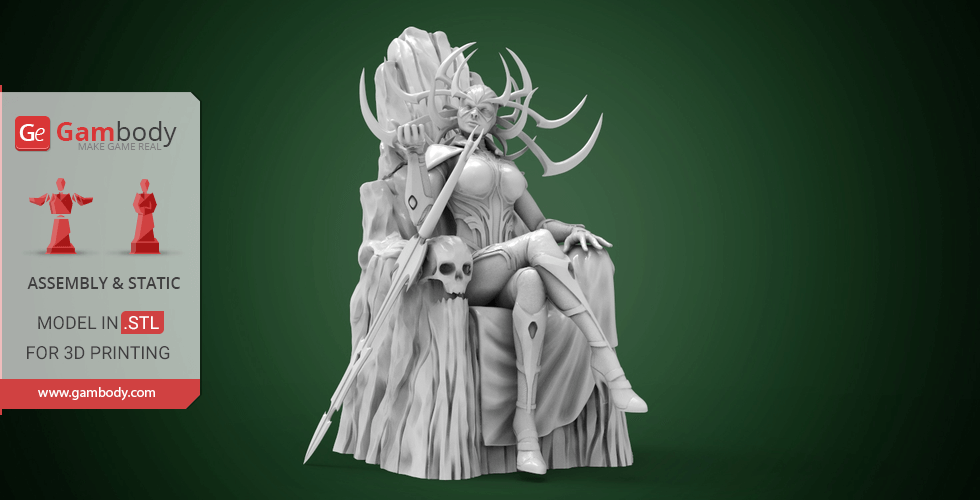 A regal figure with antler-like helmet sits on a throne, holding a staff, designed for 3D printing.