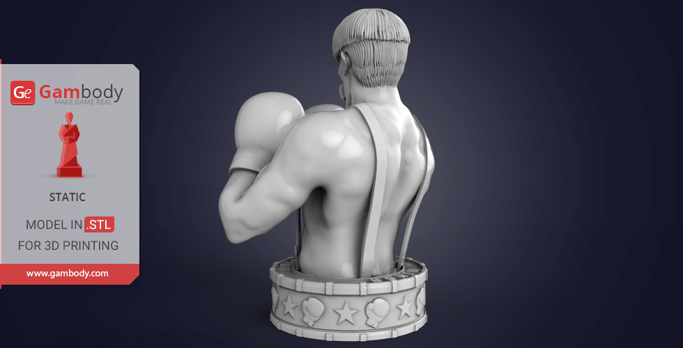 3D printable bust of a muscular boxer from behind, wearing gloves and suspenders, on a decorated base.