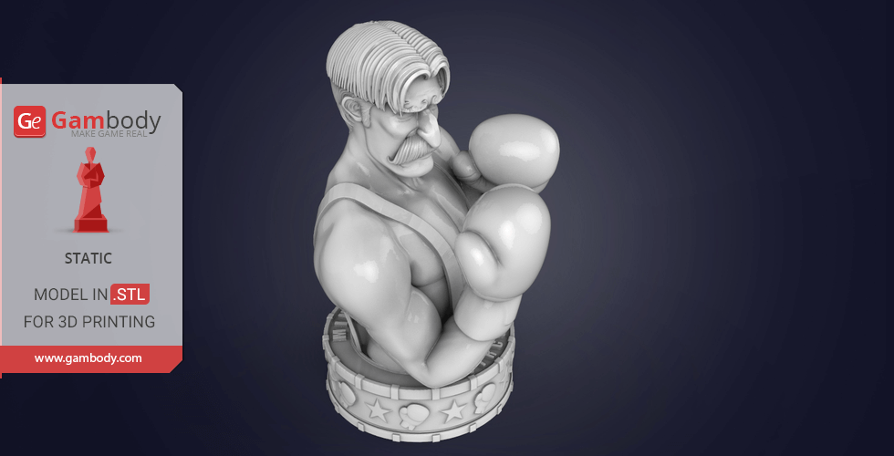 Boxer bust with slicked hair, mustache, and boxing gloves on a decorative base, ready for 3D printing.