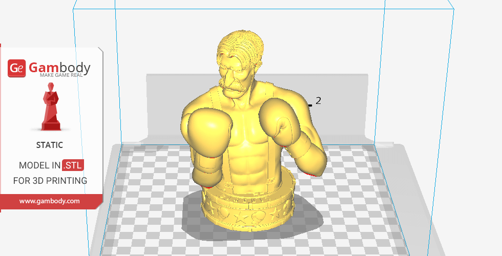 3D model of a boxer wearing gloves, in a ready stance, displayed in 3D printing software.