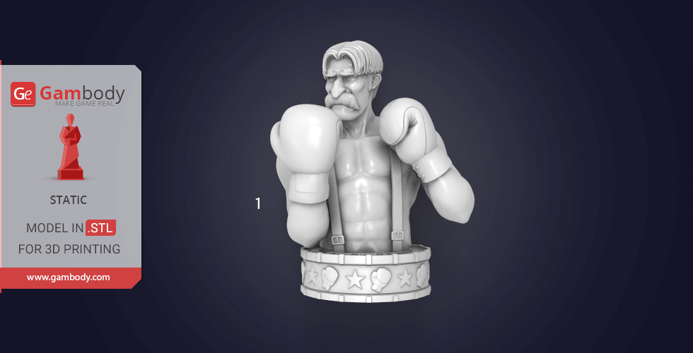 Bust of a muscular boxer with gloves and mustache on a round base with stars.