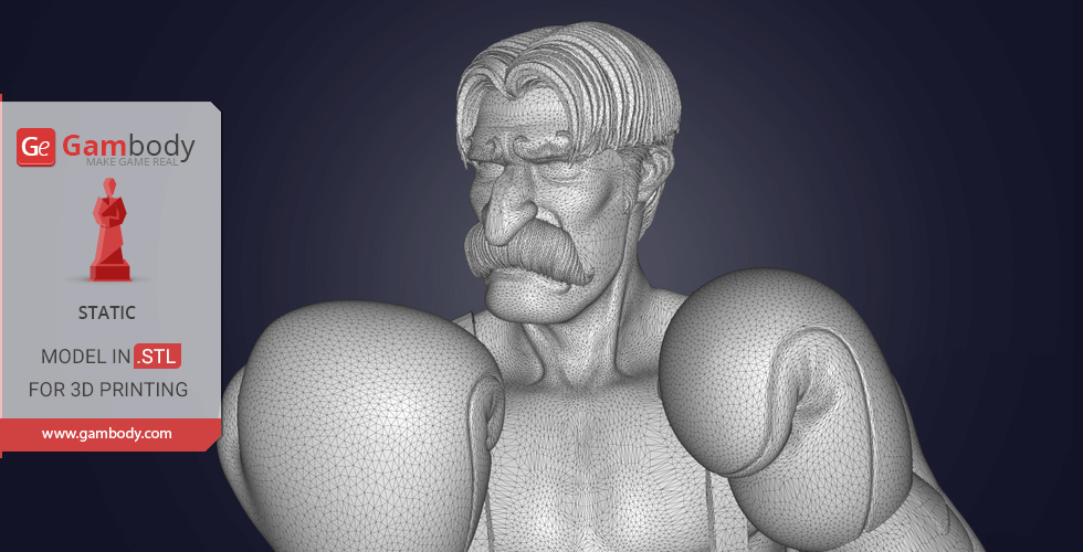 3D bust model of a boxer with a large mustache wearing boxing gloves, in a wireframe style.