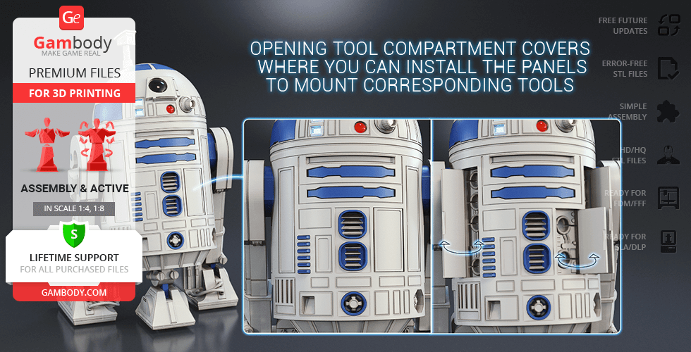 3D model of R2-D2 showcasing tool compartments, available for printing on Gambody.