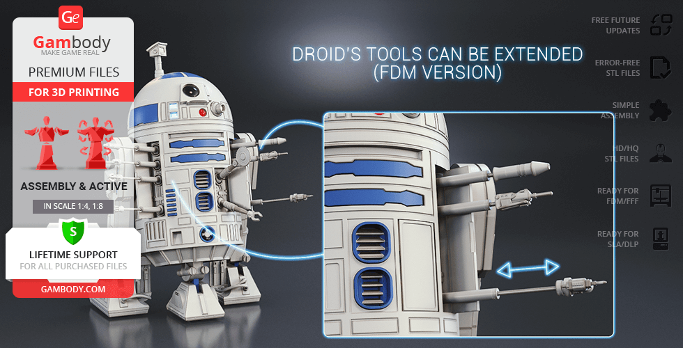 3D printable R2-D2 model with extendable tools, showcased by Gambody for FDM printing.