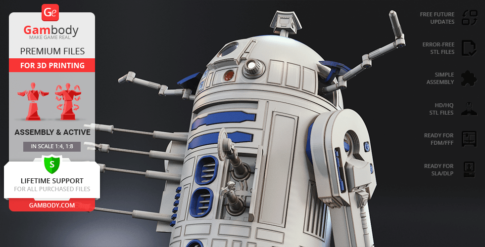 3D printable R2-D2 model showing detailed assembly features, promoted by Gambody for various scales.
