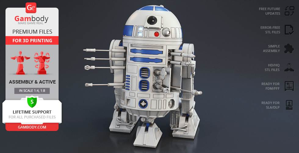 3D model of a blue and white R2-D2 droid, ready for 3D printing, from Gambody.