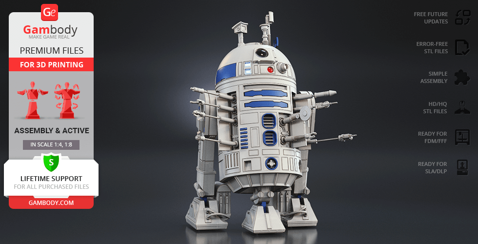 3D model of R2-D2 from Star Wars, featuring detailed parts for printing and assembly.