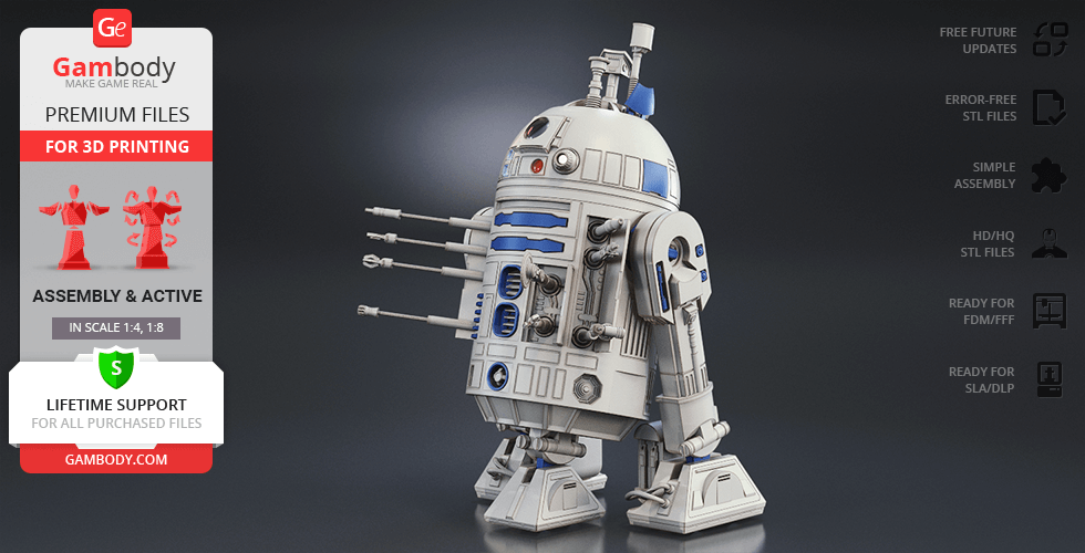 A detailed 3D model of R2-D2 from Star Wars for printing, shown with assembly and support features.