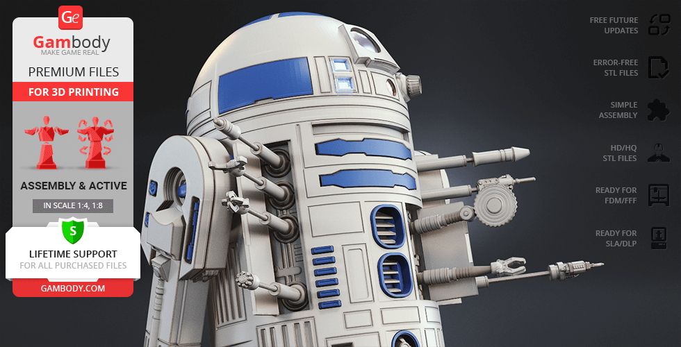 A detailed 3D model of R2-D2 for printing, featuring intricate designs and accessories.
