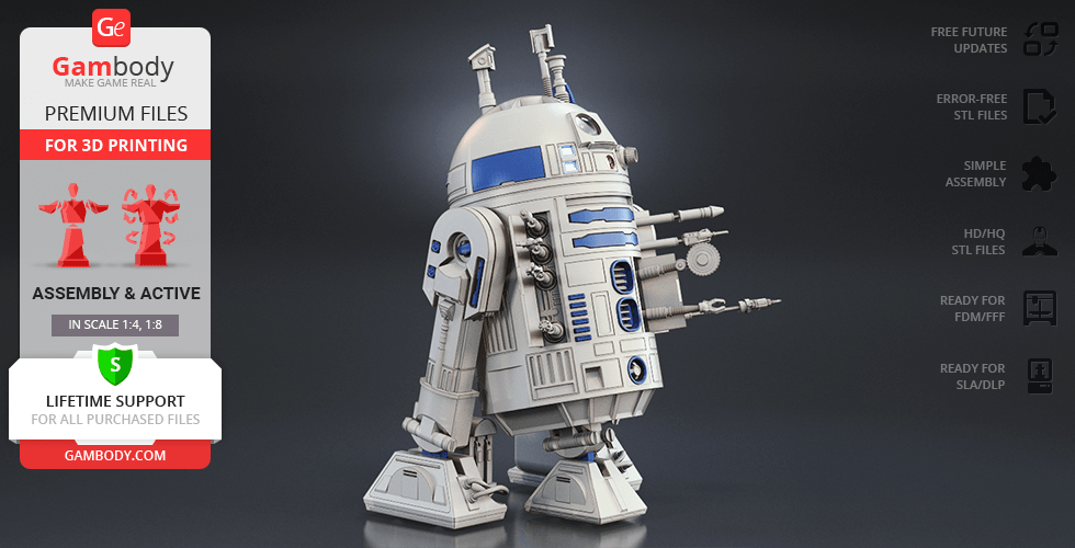 3D model of R2-D2 for printing, featuring detailed design and assembly options.