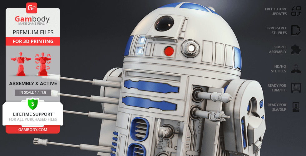 A detailed 3D model of R2-D2 for printing, highlighting features and benefits from Gambody.