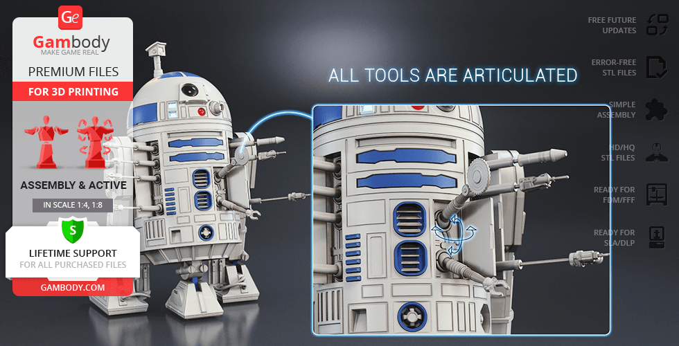 3D model of R2-D2 from Gambody, showing articulated tools for 3D printing.