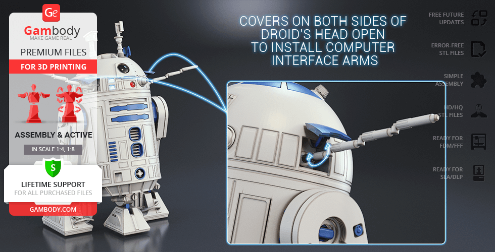 3D model of a droid with open head covers, showing interface arms, designed for 3D printing.
