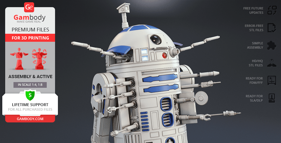 Detailed 3D model of R2-D2, featuring gadgets and details for 3D printing.