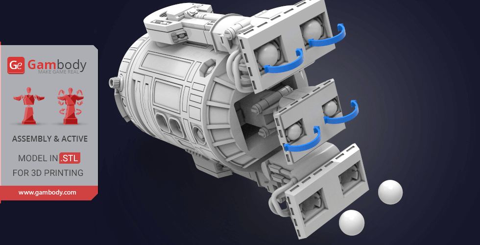 Futuristic cylindrical device with panels, tubes, and intricate details for 3D printing.