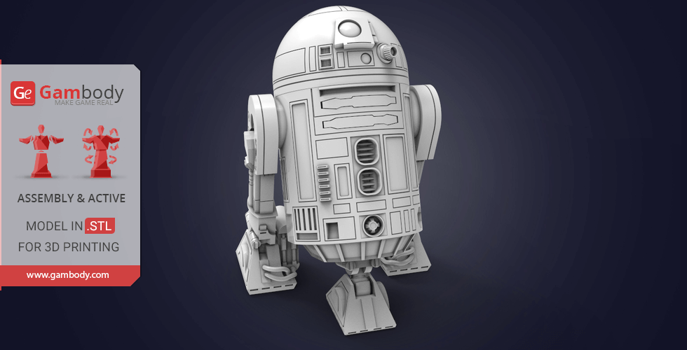 3D model of a detailed, unpainted R2-D2 droid for 3D printing by Gambody.