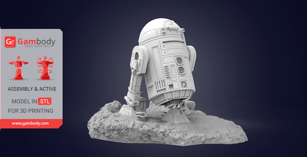 3D model of a detailed R2-D2 droid on a textured base, designed for 3D printing.