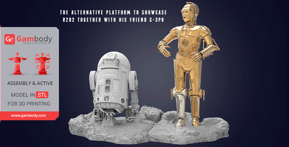 3D models of R2-D2 and C-3PO standing on a rocky base, designed for 3D printing.