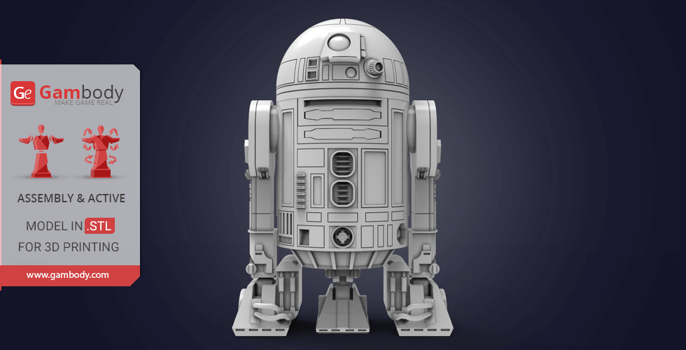 3D printable STL model of R2-D2 robot from Star Wars, displayed on a Gambody promotional card.