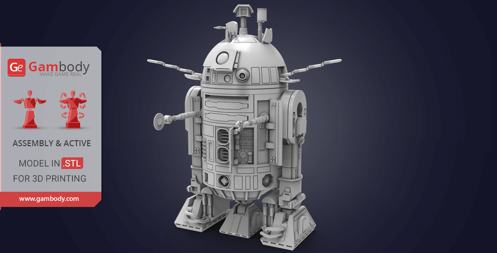 A detailed 3D model of a droid, ready for 3D printing, with various panels and appendages.