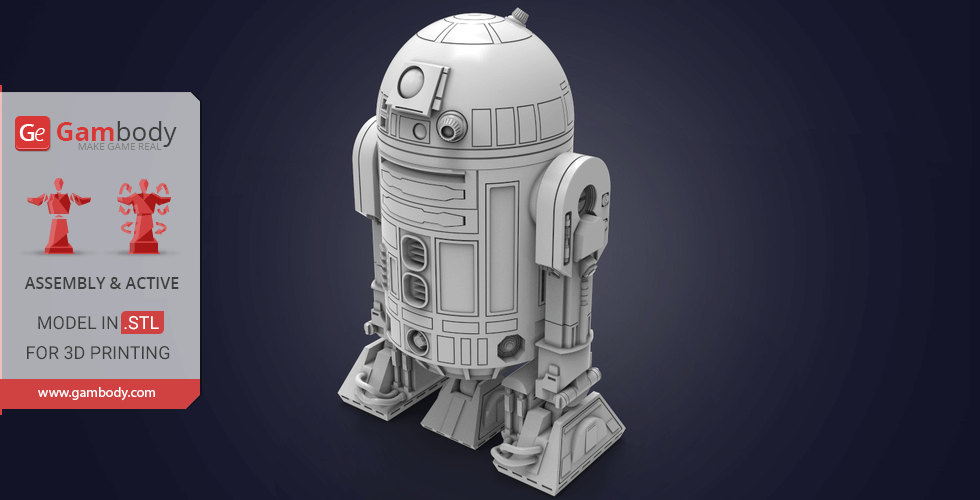 A detailed 3D model of R2-D2 for 3D printing, featuring intricate design and assembly parts.