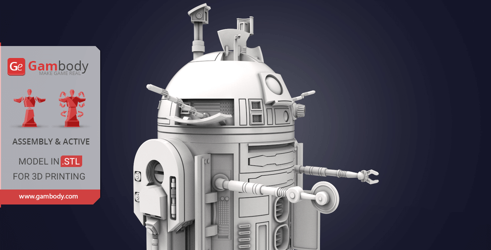 3D model of R2-D2 for printing, detailed with various mechanical parts and accessories.