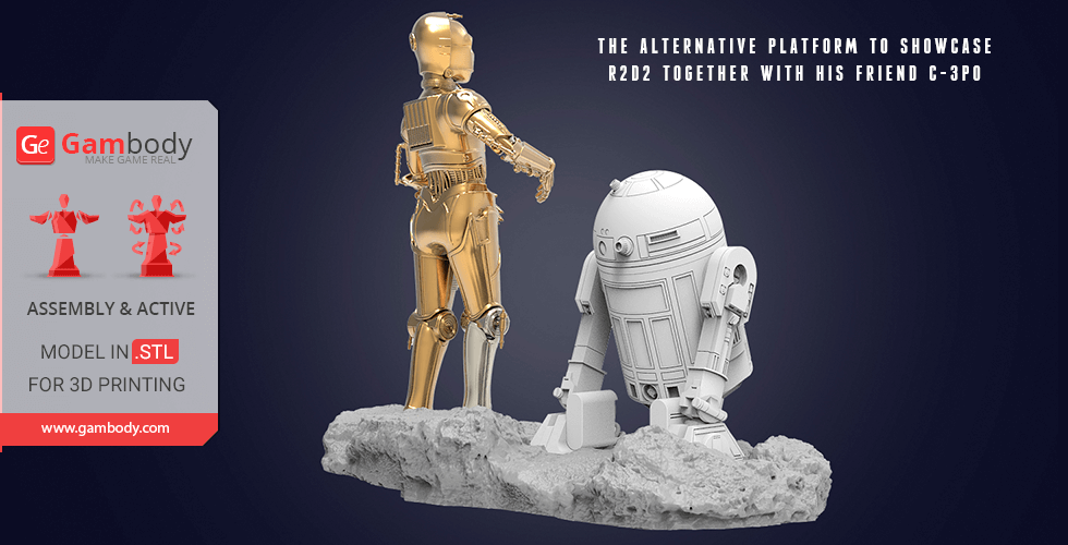 Gold humanoid and white dome-shaped droid model on rocky base for 3D printing.