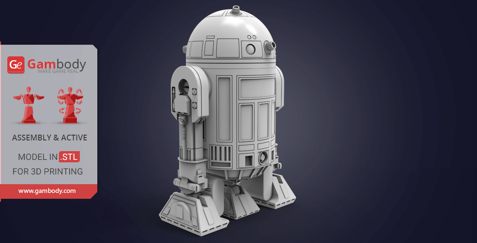 3D model of a detailed R2-D2 design for 3D printing from Gambody in STL format.