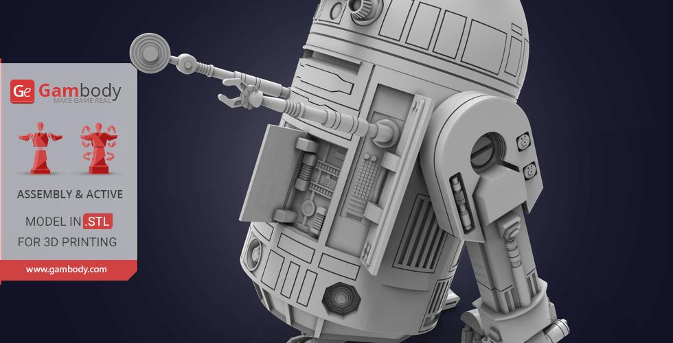 A detailed 3D STL model of R2-D2 for 3D printing, featuring intricate robotic details.