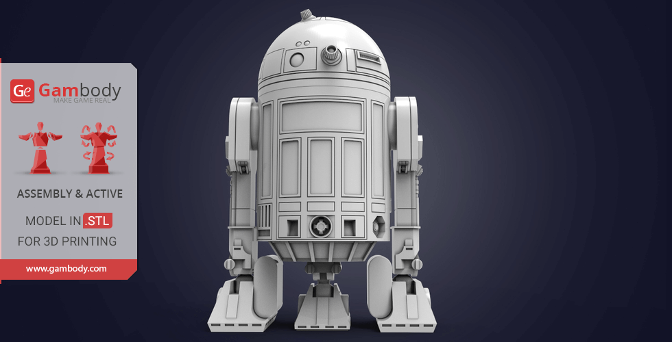 3D model of R2-D2 from Star Wars, designed for 3D printing, displayed with assembly instructions.