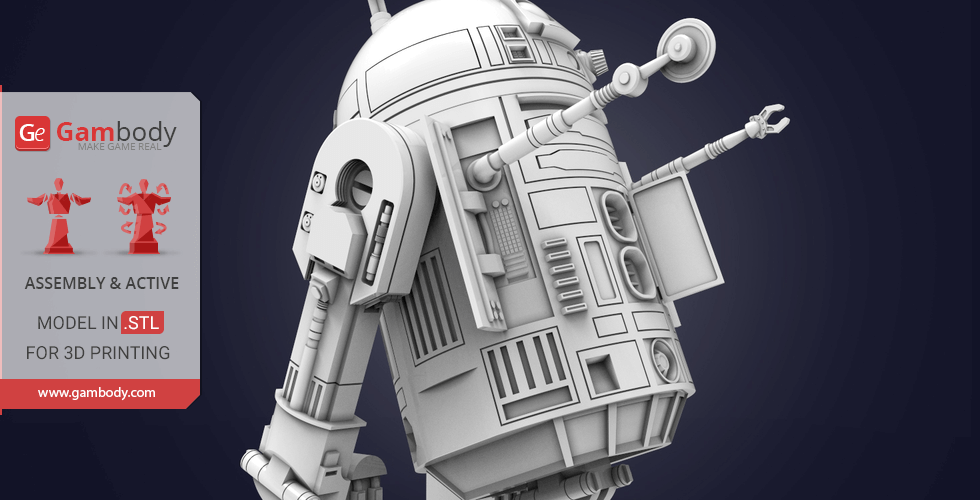 3D model of R2-D2 with detailed features for 3D printing, shown on a promotional display from Gambody.