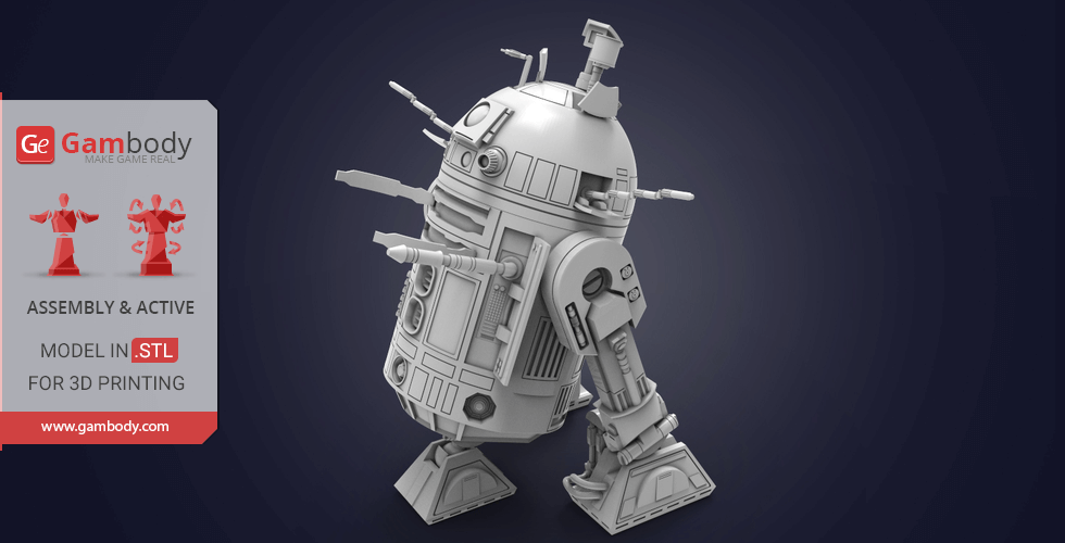 3D model of R2-D2 from Star Wars, featuring detailed components for 3D printing.