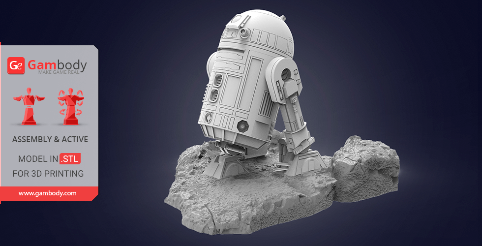 3D model of R2-D2 on rocky terrain, ready for 3D printing, shown by Gambody.