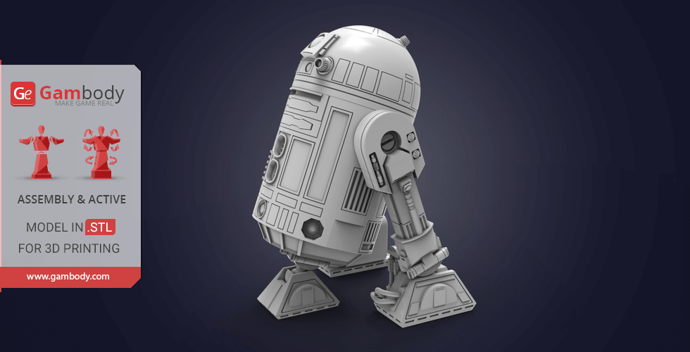 A gray 3D model of R2-D2 for printing, shown on a dark background with Gambody branding.
