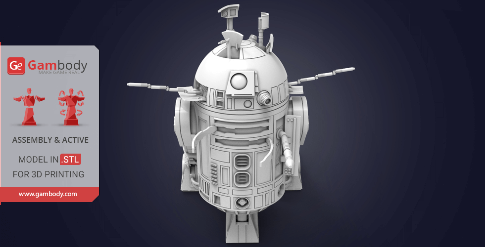3D model of a detailed R2-D2 droid, front view, designed for 3D printing from Gambody.